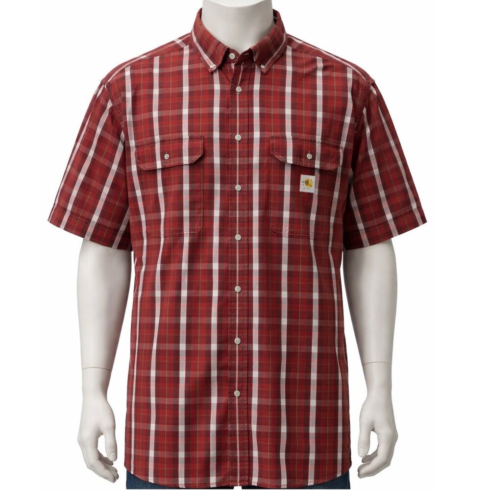 Carhartt Plaid Button Down Shirt Men XL Tall Loose Fit Red Short Sleeve Workwear